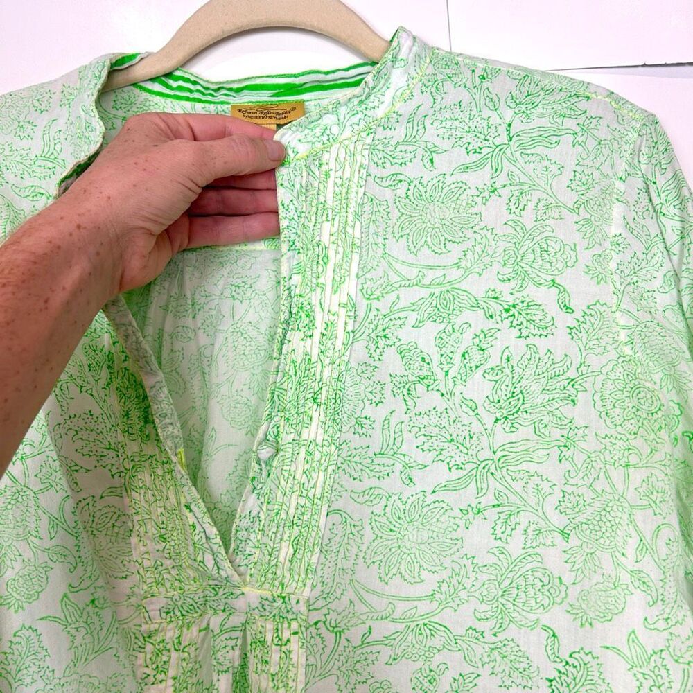 Roberta Roller Rabbit Blouse Top Womens Medium Green Floral 3/4 Sleeve Pintuck - Picture 10 of 16